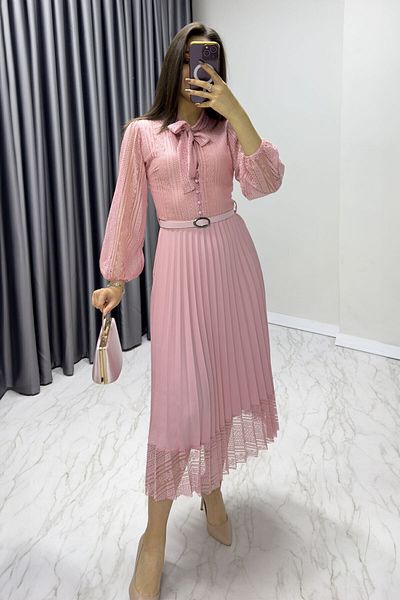 thezkscom Pink Halter Lace Detail Pleated Evening Dress