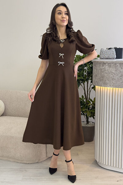 thezkscom Γυναικείο φιόγκο με λεπτομέρεια μπαλόνι μανίκι Midi μήκους φόρεμα μπορντό, μπλε ναυτικό, μαύρο