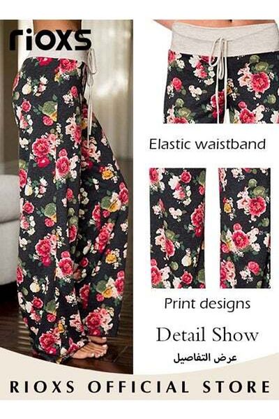 RIOXS Women's Casual Pants Stretch Floral Print Drawstring Trousers High Waisted Wide Leg Lounge Pants