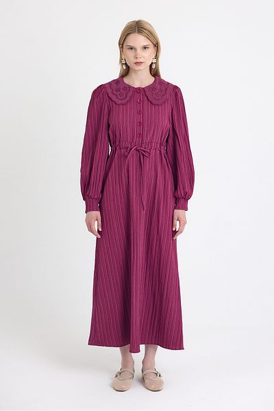 Rays Burgundy Fisto Detailed Wide Collar Belted Striped Dress 4330A