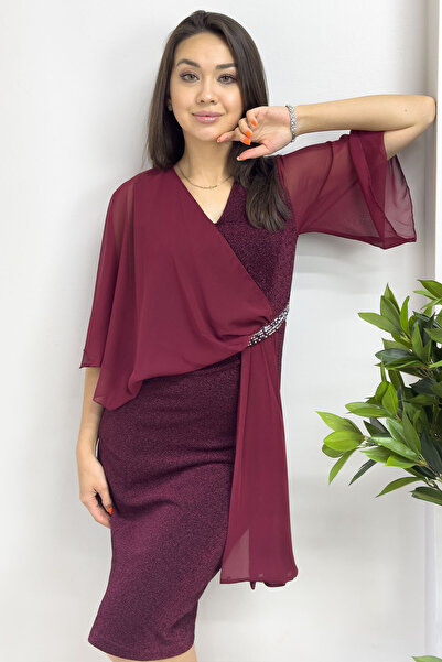 thezkscom Women's Stone Detailed Flywheel Sleeve Silvery Evening Dress Saks, Gray, Green, Burgundy, Black