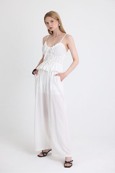 Rays White Ruffled Strap Blouse and Wide Leg Pants Set 5216