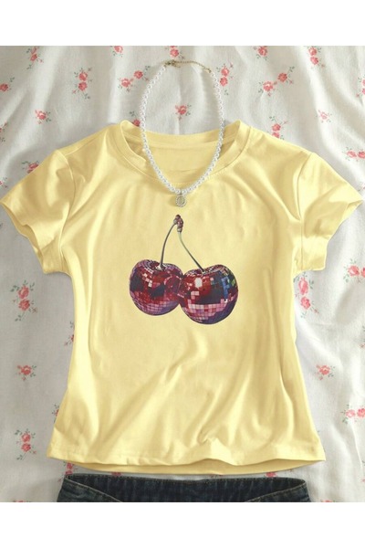 Touz Moda Baby Tee Kemer Boy Cherry Baskılı Crop Bluz