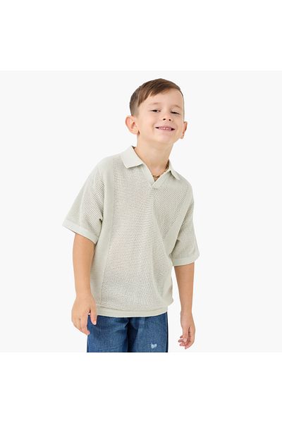 Juniors Textured Pullover with Collar and Short Sleeves