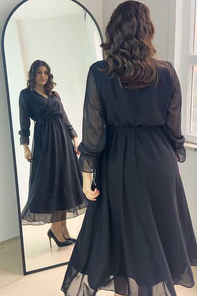 thezkscom Black Long Double Breasted Collar Chiffon Plus Size Dress