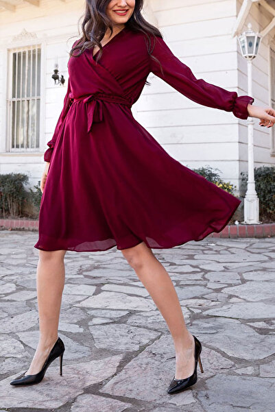 thezkscom Burgundy Double Breasted Collar Chiffon Plus Size Dress