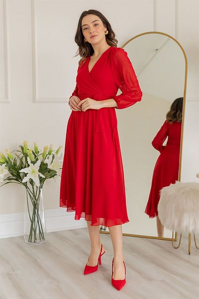 thezkscom Red Balloon Sleeve Double Breasted Midi Length Chiffon Dress Sk
