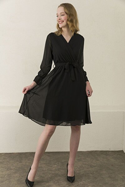 thezkscom Black Double-breasted Collar Short Lined Plus Size Chiffon Dress