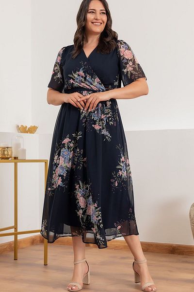 thezkscom Navy Blue Floral Short Sleeve Lined Plus Size Chiffon Dress Sk