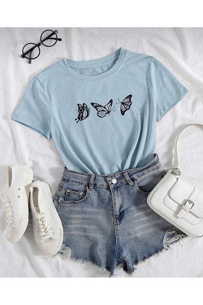 khufu Μπλουζάκι με στάμπα BUTTERFLIES Baby Blue Oversize Unisex
