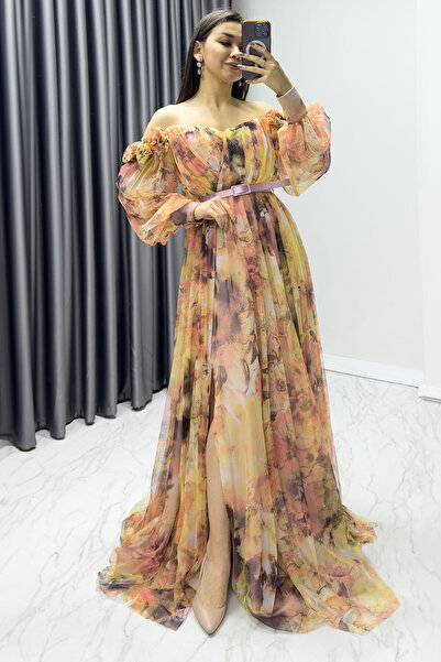 thezkscom Off Shoulder Belted Flower Patterned Slit Evening Dress