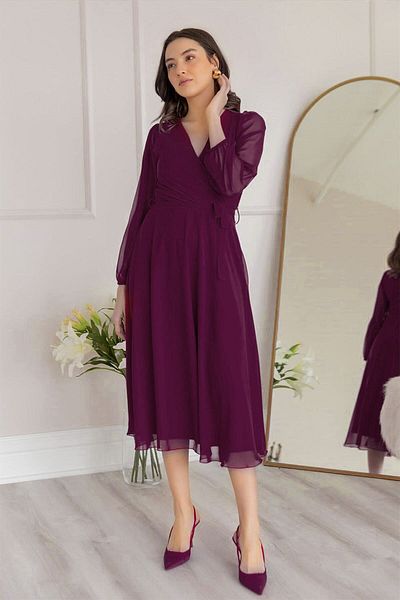 thezkscom Purple Lined Plus Size Double Breasted Collar Short Chiffon Midi Length Dress