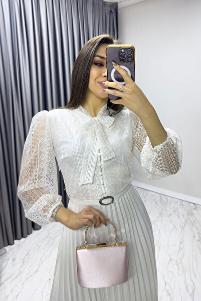 thezkscom White Halter Neck French Guipure Pleated Evening Dress