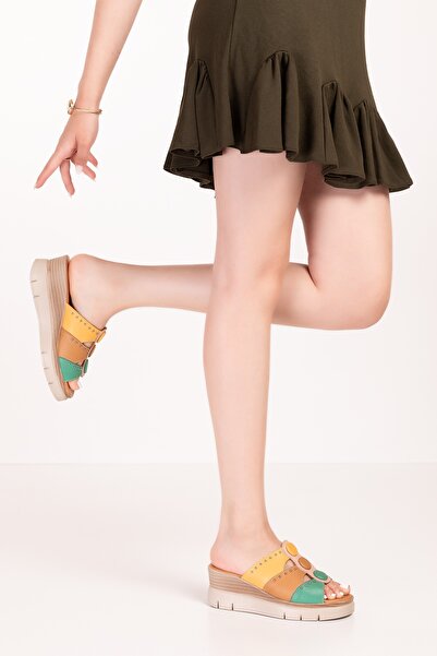 Gondol Hakiki Deri Renkli Kombin Dolgu Topuklu Terlik mlk.5805 Taba Kombin