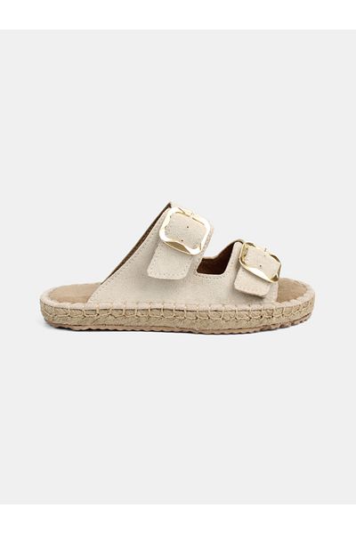 MAGGIO Beige Straw Sole Gold Color Buckle Summer Women's Slippers