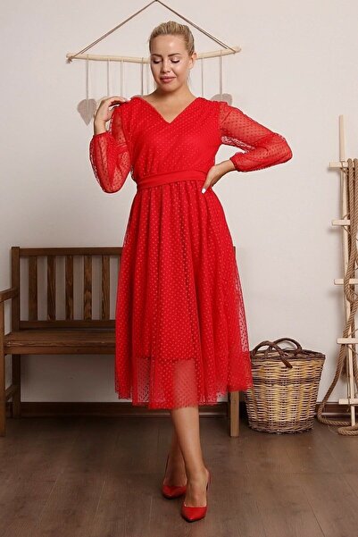thezkscom Red Polka Dot V-Neck Tulle Plus Size Dress