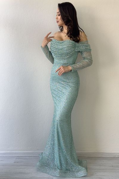 thezkscom Women's Boat Neck Stone Embroidered Long Sleeve Fish Evening Dress Water Green, Navy Blue