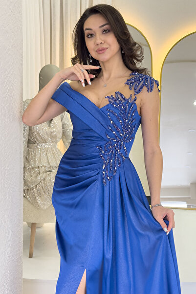 thezkscom Rochie de seară din satin cu șnur brodat cu piatră pentru femei, fucsia, pudra, kaki, saks, verde smarald