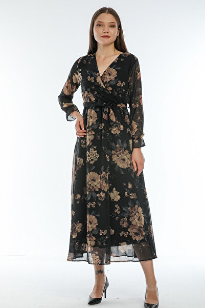 thezkscom Flower Pattern Double Breasted Collar Plus Size Chiffon Dress