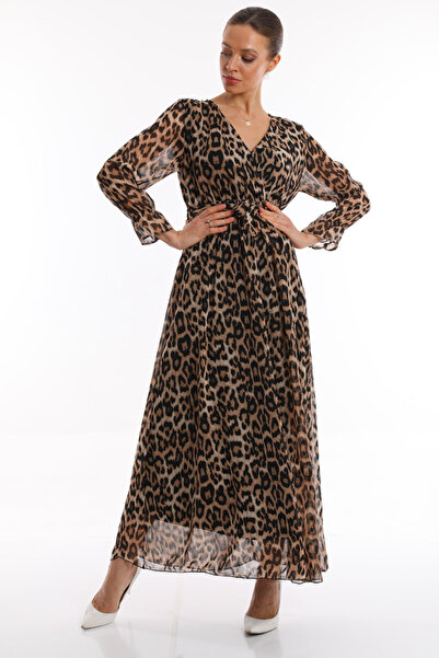 thezkscom Maxi Astarlı Leopar Desen Kruvaze Yaka Şifon Elbise