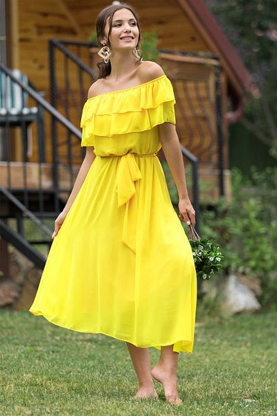 thezkscom Madonna Ruffle Collar Yellow Plus Size Chiffon Dress
