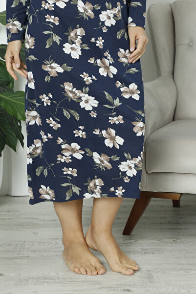 ERDENİZ TEKSTİL Plus Size Mother Nightgown Patterned Lace Detail Cotton Long Sleeve Floral Pattern