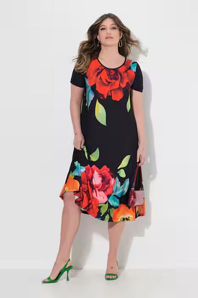 Şans Women's Plus Size Black, Floral Print, A-Line Crew Neck Dress 65N39005