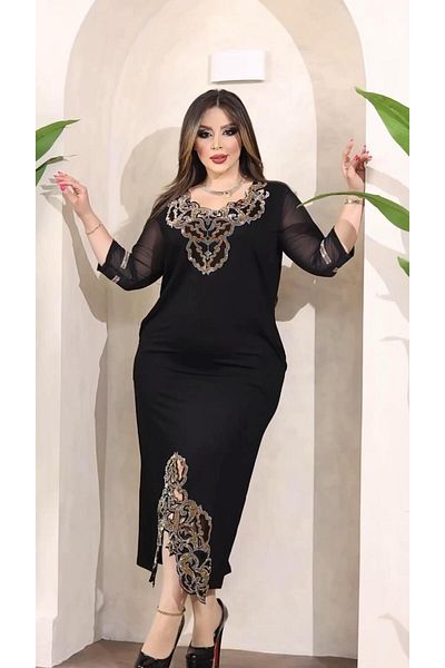 Kokostrendi Design Slit Crystal Stone Dress - Black