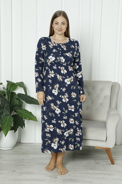 ERDENİZ TEKSTİL Floral Print, Long Sleeve, Cotton and Lace Trim Plus Size Mother Nightdress