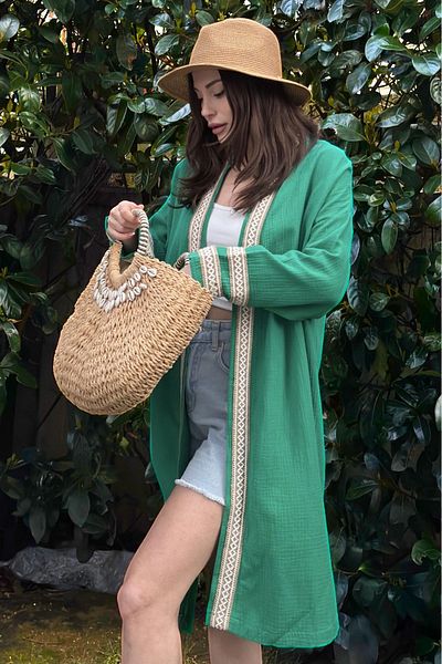 NEW LAVİVA Women's Straw Detailed Oversized Muslin Kimono 700-3441