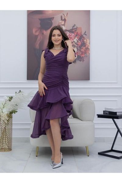Nice Model Purple Tiered Midi Dress Women Elegant Crepe Layered Evening Party Formal Wedding Guest Outfit