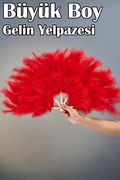 Dantelux Büyük Boy Tüylü Kına Gecesi Gelin Yelpazesi (55x25 cm) - Kırmızı