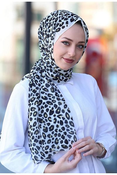 Stella Leopard Patterned Black-White Chiffon Shawl