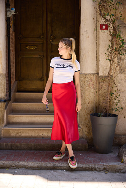 Chica Belia Parlak Saten Kırmızı Midi Etek