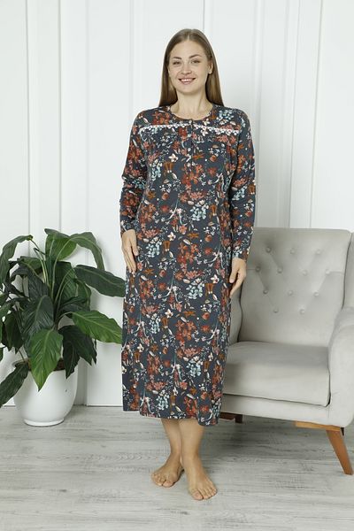 ERDENİZ TEKSTİL Plus Size Mother Nightgown Patterned Lace Detail Cotton Long Sleeve Floral Pattern