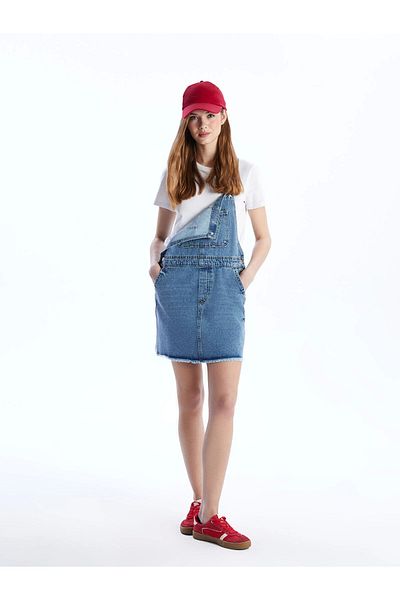 LC Waikiki Xside Blue Square Collar Women's Jean Salopet Dress