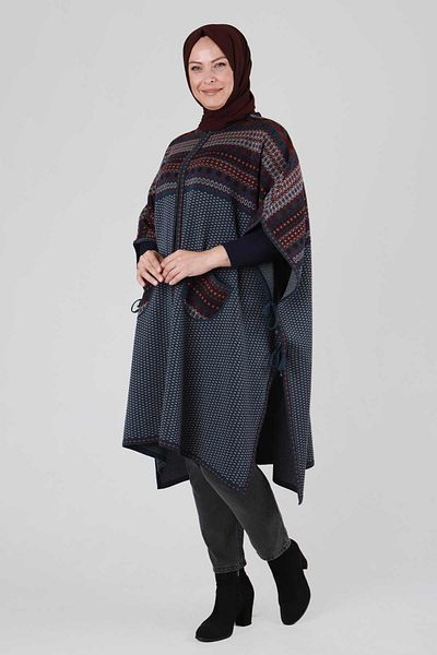 Moda Rosa 25K9620 - Indigo - Large Size Hijab Knitwear Poncho