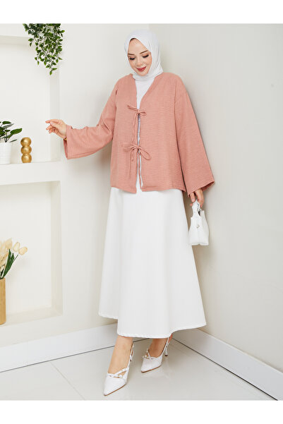 exxitcollection Γυναικείο λινό χιτζάμπ με δέσιμο μπροστά με 2 κορδόνια μοντέρνα κομψή φούστα με ροζ πουά πουά πουά