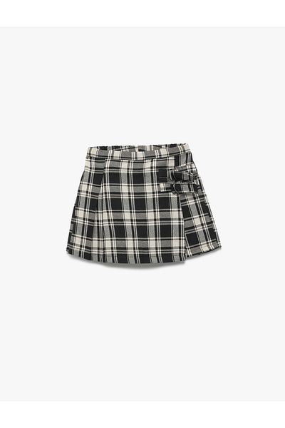 Koton Cotton Metal Buckle Plaid Shorts Skirt