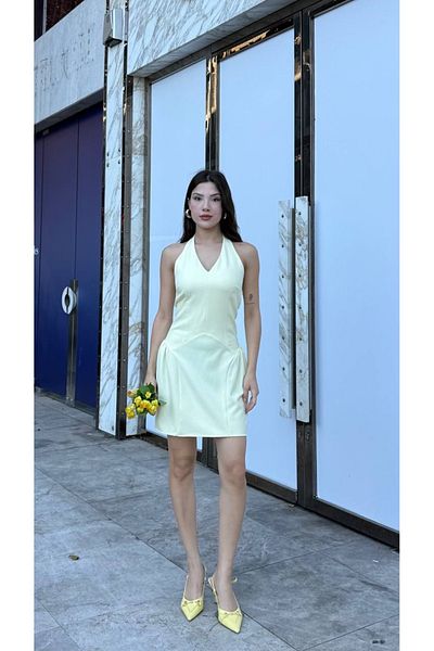 Nesil Mini Summer Dress with Back Cutout and Button Closure at Neckline