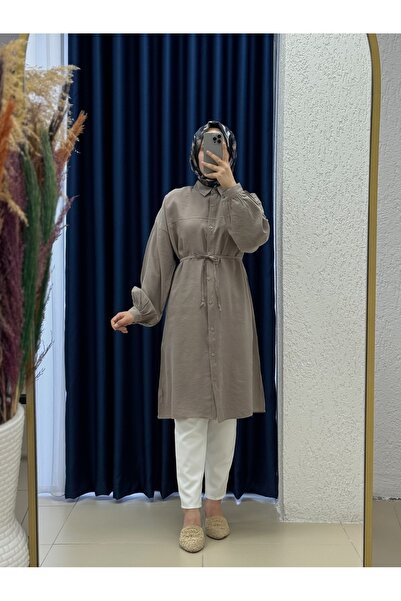 MİHRA STORE Miresia Bağcıklı Uzun Modal Gömlek-PE261 Vizon