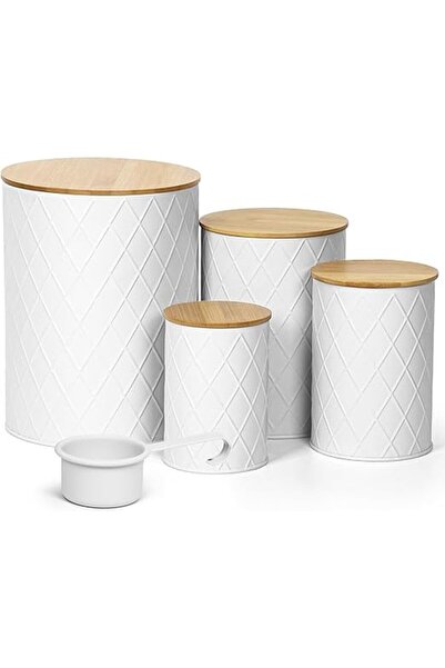 Winter Shore Set 4 food containers with bamboo lid and metal measuring spoon, for kitchen, 15.5X15.5X24 cm, white