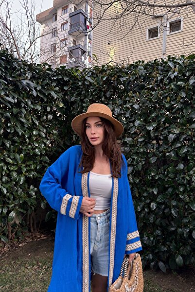 NEW LAVİVA Kimono de muselină supradimensionat cu detalii din paie pentru femei 700-3441