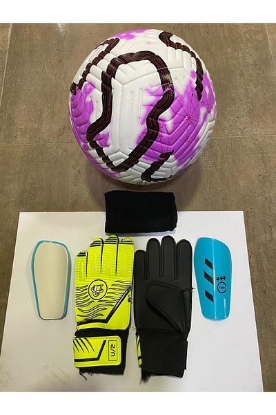 unes 5 No Purple Soccer Ball Goalkeeper Gloves and Shin Pads Set with Pump Gift