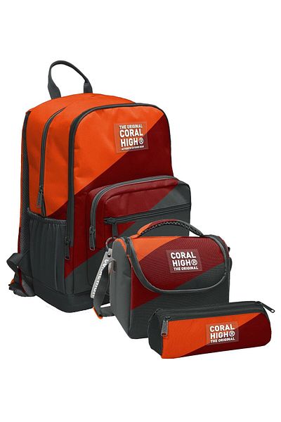 Coral High Primary and Secondary School School Bag Trio - Boy, Orange Burgundy Gray Color