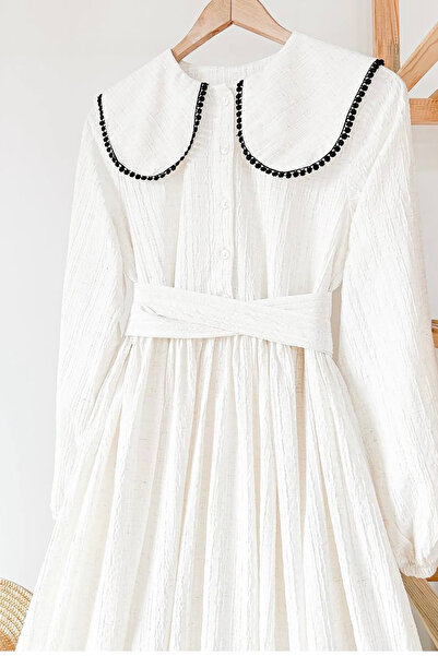 Neşeli Butik γυναικείο λευκό βολάν γιακά με επένδυση χιτζάμπ φόρεμα NMS062