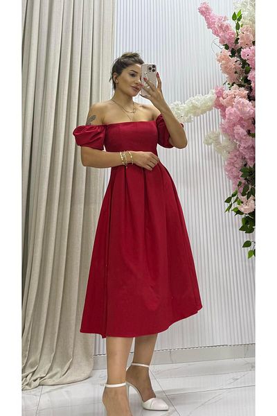 Daves Atlas Fabric Rochie roșie de lungime midi, cu mâneci bufante scurte, decolteu fără bretele