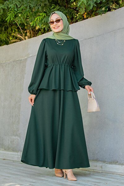 Tesettür Çarşım Cenny Eteği Katlı Scuba Krep Elbise-Zümrüt