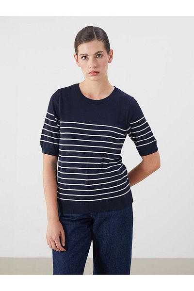 LC Waikiki Navy Blue Crew Neck Striped Women's Knitwear Sweater