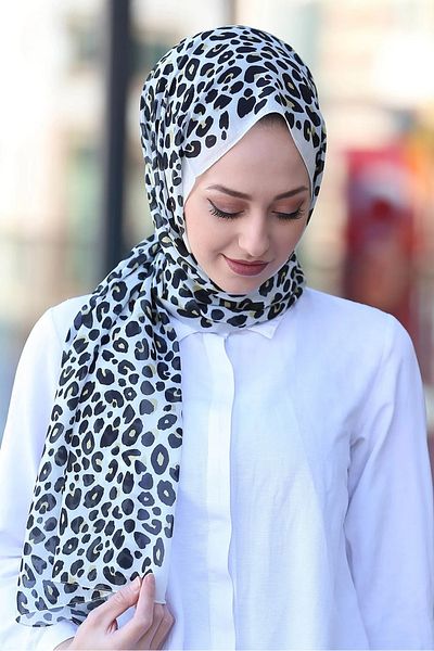 Stella Leopard Patterned Black-White Chiffon Shawl